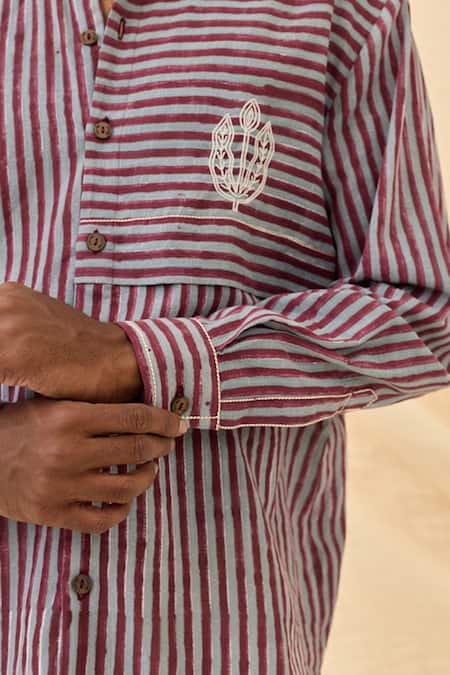 Buy_Jodi_Maroon Cotton Embroidery Koyal Stripe Pattern Shirt _Online_at_Aza_Fashions