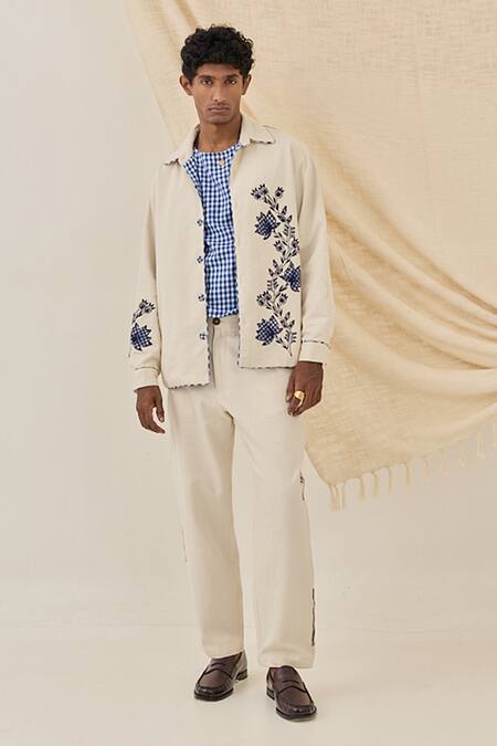 Jodi_Off White Denim Embroidery Saras Handloom Jacket _Online_at_Aza_Fashions