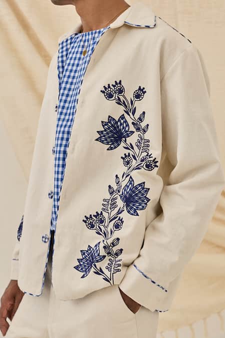 Shop_Jodi_Off White Denim Embroidery Saras Handloom Jacket _Online_at_Aza_Fashions