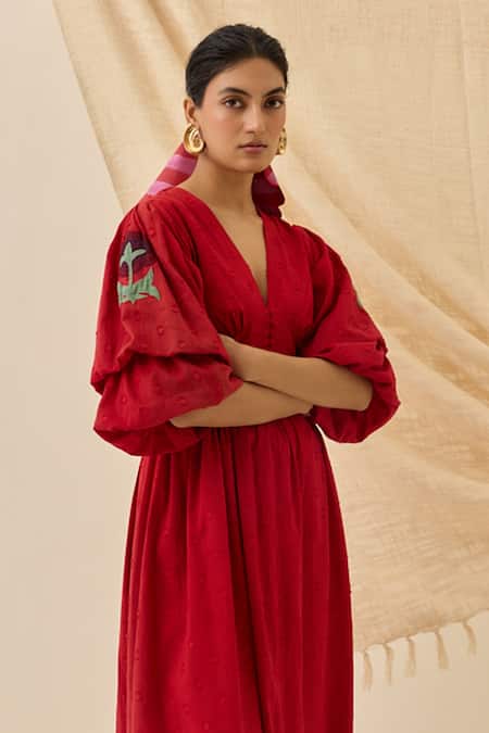 Jodi_Red Cotton Embroidery V-neck Unab Dobby Midi Dress _Online_at_Aza_Fashions