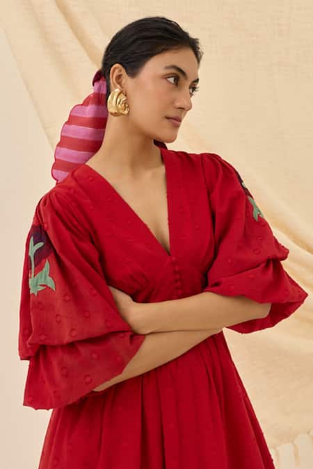 Buy_Jodi_Red Cotton Embroidery V-neck Unab Dobby Midi Dress _Online_at_Aza_Fashions