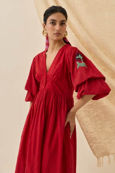 Shop_Jodi_Red Cotton Embroidery V-neck Unab Dobby Midi Dress _Online_at_Aza_Fashions