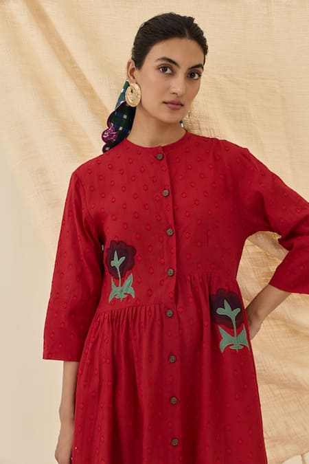 Buy_Jodi_Red Cotton Applique Round Neck Unab Dobby Floral Dress _Online_at_Aza_Fashions
