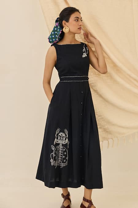 Buy_Jodi_Black Cotton Embroidery Boat Neck Jugnu Kala Midi Dress _Online_at_Aza_Fashions