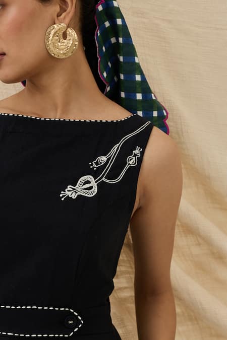 Shop_Jodi_Black Cotton Embroidery Boat Neck Jugnu Kala Midi Dress _Online_at_Aza_Fashions