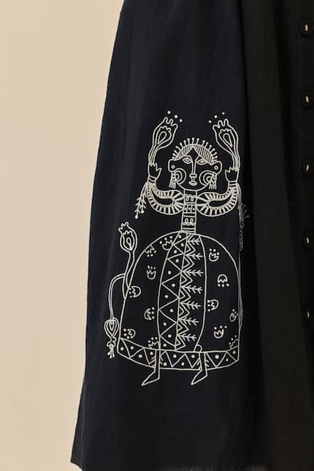 Jodi_Black Cotton Embroidery Boat Neck Jugnu Kala Midi Dress _at_Aza_Fashions