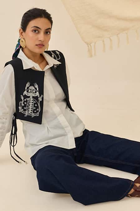 Jodi_Black Cotton Embroidery Open Neck Jugnu Bib Jacket _Online_at_Aza_Fashions