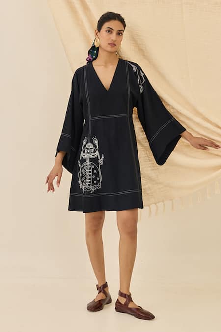 Jodi_Black Cotton Embroidery V-neck Jugnu Dress _Online_at_Aza_Fashions