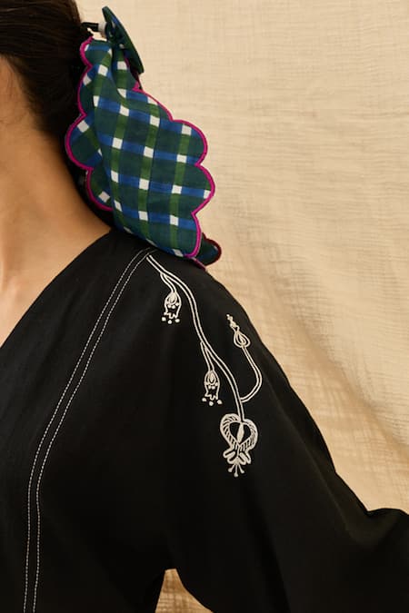 Shop_Jodi_Black Cotton Embroidery V-neck Jugnu Dress _Online_at_Aza_Fashions