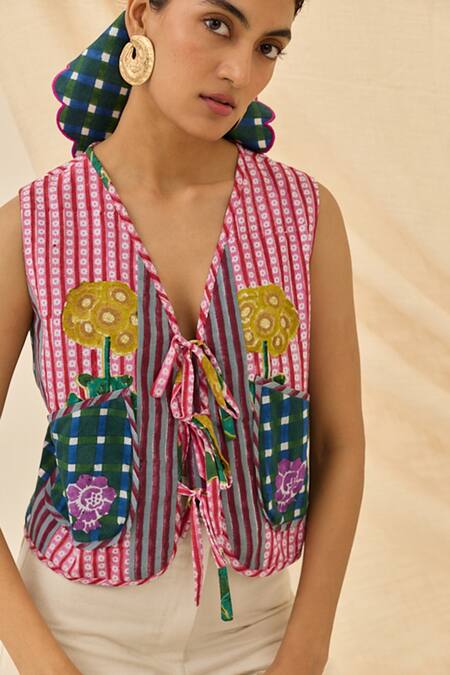 Shop_Jodi_Pink Cotton Embroidery V-neck Lali Checkered Front Tie-up Waistcoat _Online_at_Aza_Fashions