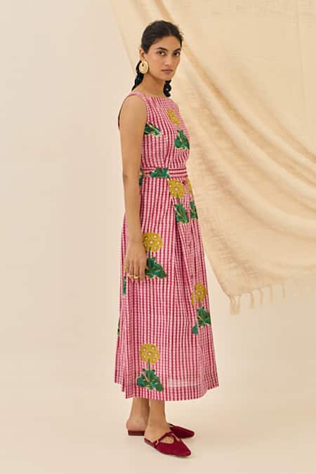 Jodi_Pink Voile Embroidery Round Neck Lali Striped Floral Print Midi Dress _Online_at_Aza_Fashions