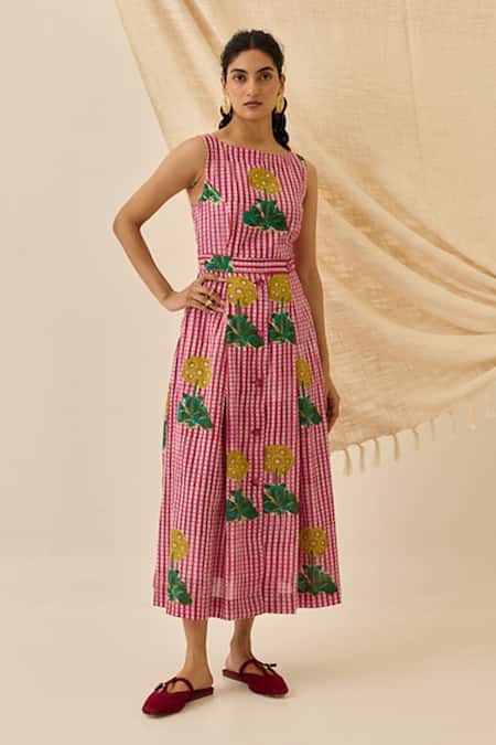 Shop_Jodi_Pink Voile Embroidery Round Neck Lali Striped Floral Print Midi Dress _Online_at_Aza_Fashions
