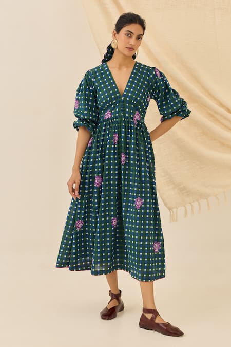 Jodi Pakhi Gingham Floral Embroidered Dress 