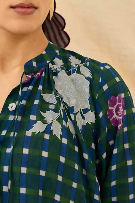 Buy_Jodi_Green Voile Embroidery, Tassels Collared, V-neck Pakhi Floral Midi Dress _Online_at_Aza_Fashions