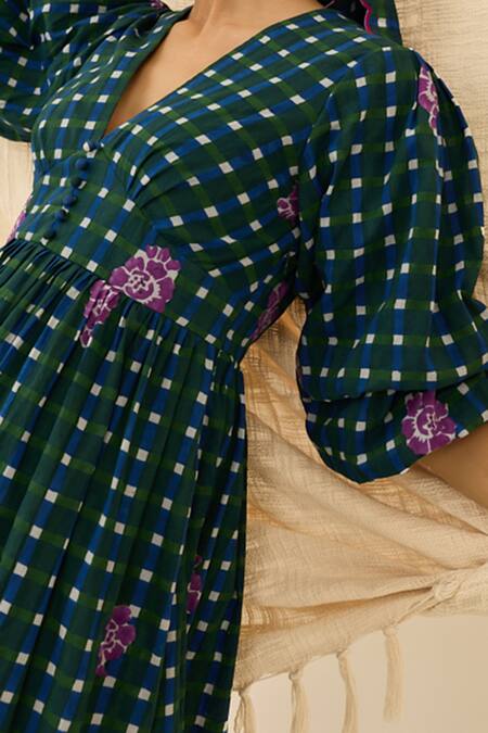 Shop_Jodi_Green Voile Embroidery, Tassels Collared, V-neck Pakhi Floral Midi Dress _Online_at_Aza_Fashions