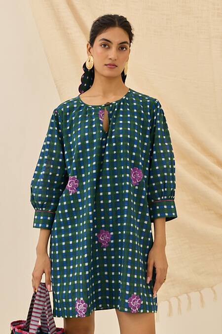 Buy_Jodi_Green Voile, Cotton Embroidery Round Neck, Pakhi Gingham Check Print Dress _Online_at_Aza_Fashions