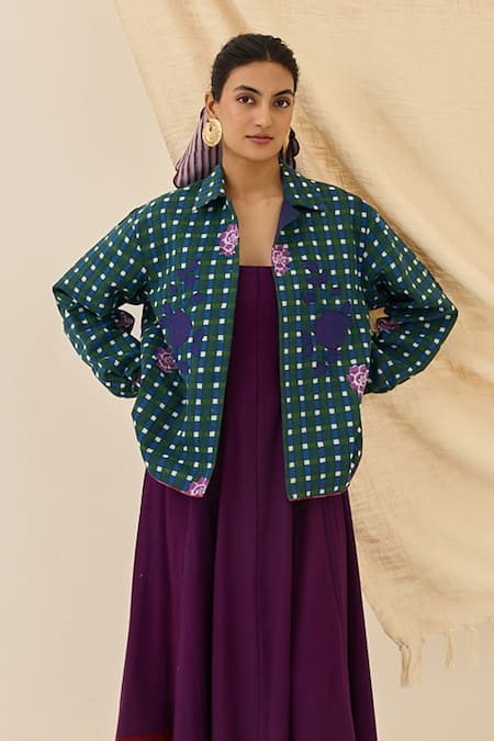 Jodi Pakhi Gingham Check Floral Applique Jacket 