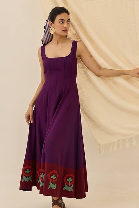 Buy_Jodi_Purple Cotton Applique Square Neck Morni Floral Midi Dress _Online_at_Aza_Fashions