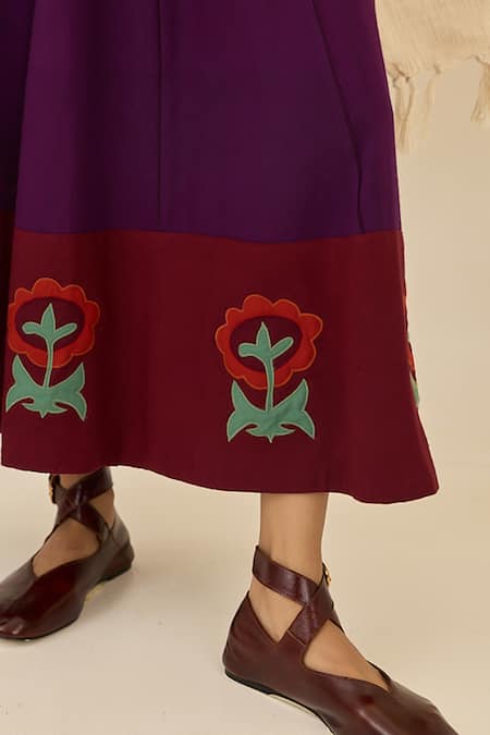 Shop_Jodi_Purple Cotton Applique Square Neck Morni Floral Midi Dress _Online_at_Aza_Fashions