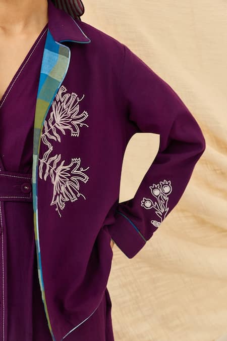 Jodi_Purple Cotton Embroidery V-neck Morni Floral Jacket _Online_at_Aza_Fashions