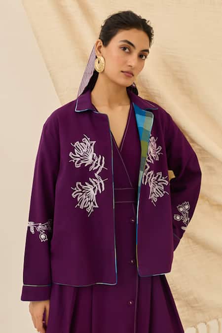 Buy_Jodi_Purple Cotton Embroidery V-neck Morni Floral Jacket _Online_at_Aza_Fashions