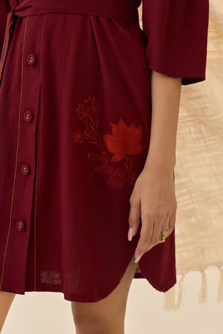 Jodi_Maroon Cotton Embroidery V-neck Kuhu Button-front Dress _Online_at_Aza_Fashions