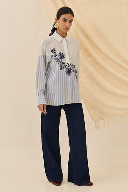 Jodi Kunj Striped & Checkered Floral Embroidered Shirt 