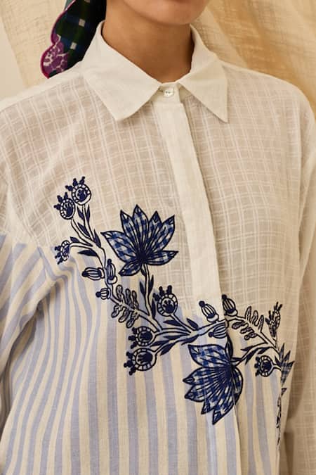 Jodi_Blue Handloom Cotton Embroidery Collared Kunj Striped And Checkered Floral Shirt _Online_at_Aza_Fashions