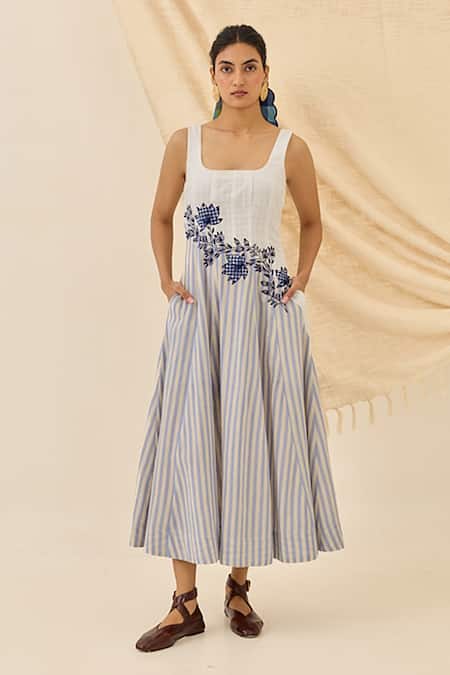 Jodi Kunj Striped & Embroidered Midi Dress 