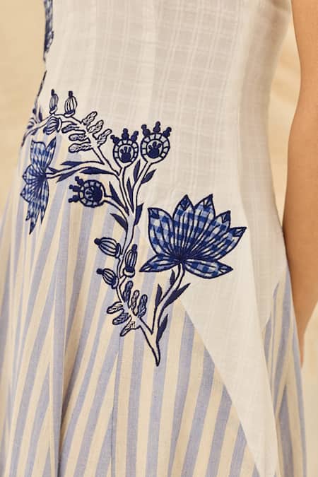 Jodi_Blue Handloom Cotton Embroidery Square Neck Kunj Striped And Midi Dress _Online_at_Aza_Fashions