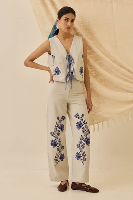 Jodi_Blue Denim Embroidery V-neck Saras Tie-up Floral Waistcoat _Online_at_Aza_Fashions