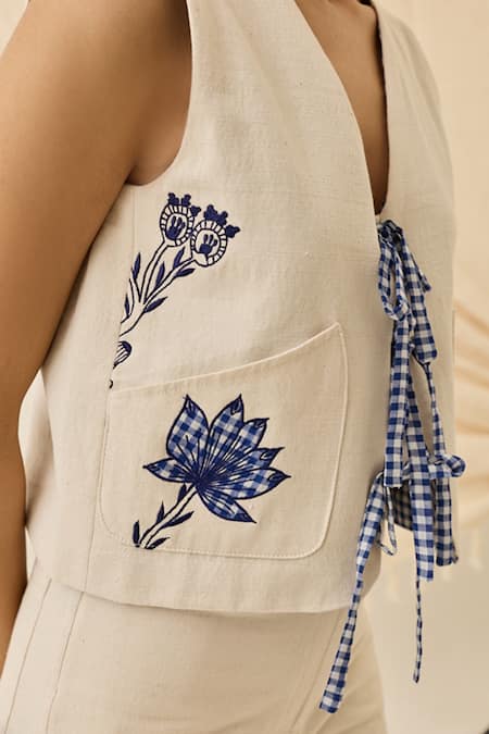 Buy_Jodi_Blue Denim Embroidery V-neck Saras Tie-up Floral Waistcoat _Online_at_Aza_Fashions