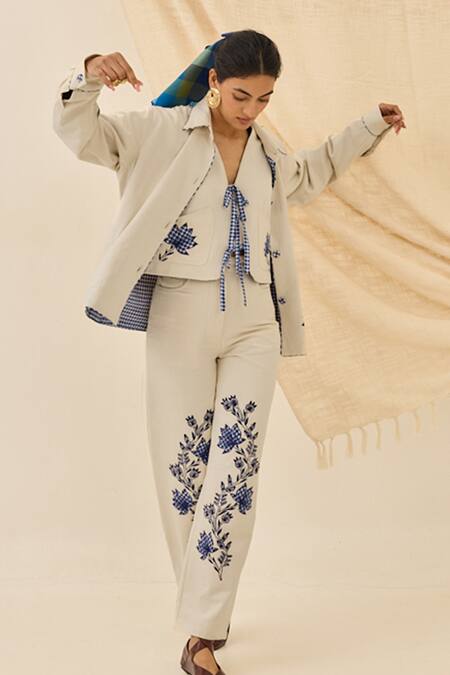 Jodi_Off White Denim Embroidery Collared Saras Floral Jacket _Online_at_Aza_Fashions