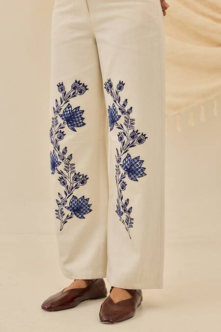 Jodi_Off White Denim Embroidery Saras Floral Trouser _Online_at_Aza_Fashions