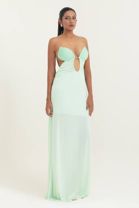 Pinup By Astha_Mint Lycra Pom-poms Halter Neck Cut-out Ruched Gown  _Online_at_Aza_Fashions