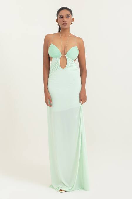 Shop_Pinup By Astha_Mint Lycra Pom-poms Halter Neck Cut-out Ruched Gown  _Online_at_Aza_Fashions