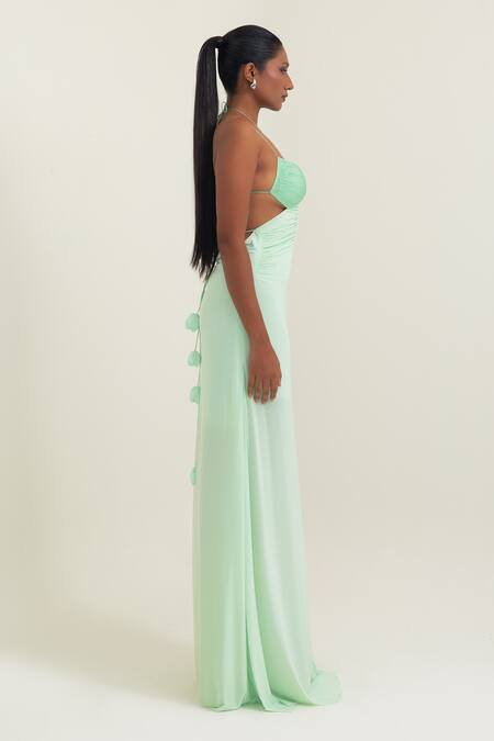 Pinup By Astha_Mint Lycra Pom-poms Halter Neck Cut-out Ruched Gown  _at_Aza_Fashions