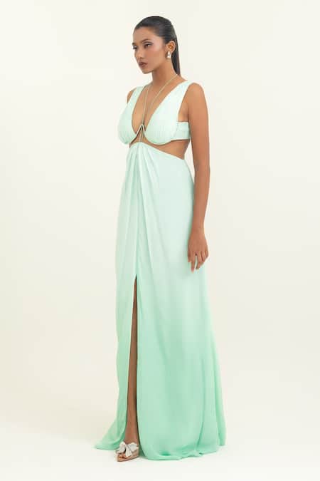 Pinup By Astha_Mint Chiffon Pom-poms V-neck Plunging Neckline Cut-out Gown _Online_at_Aza_Fashions