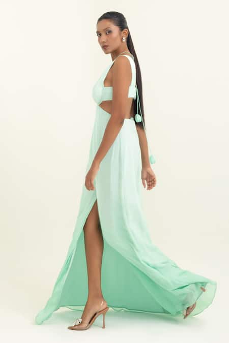 Shop_Pinup By Astha_Mint Chiffon Pom-poms V-neck Plunging Neckline Cut-out Gown _Online_at_Aza_Fashions