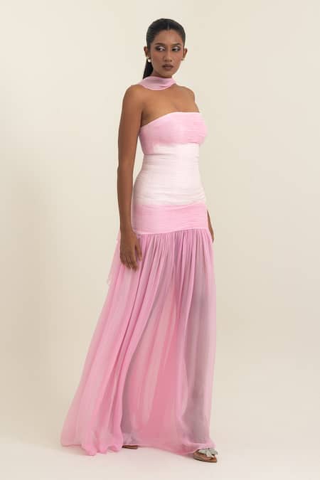 Buy_Pinup By Astha_Pink Chiffon Ruffles Bandeau Neck Ruched Strapless Gown With Stole _Online_at_Aza_Fashions