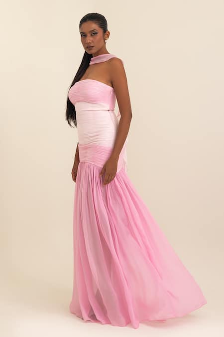 Shop_Pinup By Astha_Pink Chiffon Ruffles Bandeau Neck Ruched Strapless Gown With Stole _Online_at_Aza_Fashions