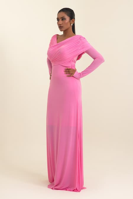 Buy_Pinup By Astha_Pink Lycra V-, Cowl Draped Long Sleeve Gown _Online_at_Aza_Fashions
