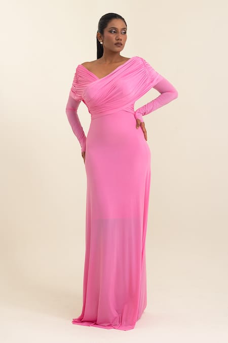 Pinup By Astha Draped V-Neck Long Sleeve Gown 