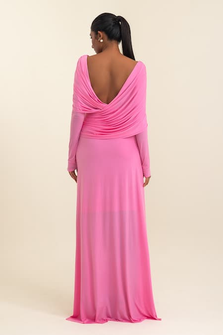 Pinup By Astha Draped V-Neck Long Sleeve Gown 