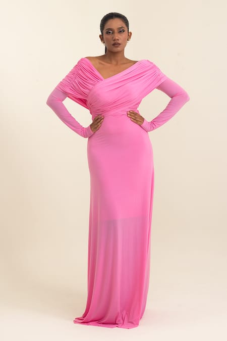 Shop_Pinup By Astha_Pink Lycra V-, Cowl Draped Long Sleeve Gown _Online_at_Aza_Fashions