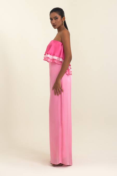 Pinup By Astha_Pink Satin, Georgette Ruffles Bandeau Neck Strapless Jumpsuit _Online_at_Aza_Fashions