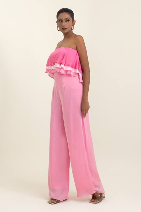 Buy_Pinup By Astha_Pink Satin, Georgette Ruffles Bandeau Neck Strapless Jumpsuit _Online_at_Aza_Fashions