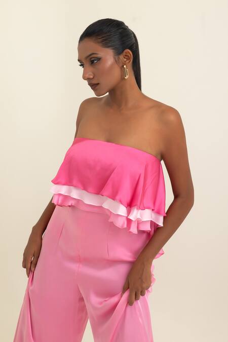 Shop_Pinup By Astha_Pink Satin, Georgette Ruffles Bandeau Neck Strapless Jumpsuit _Online_at_Aza_Fashions