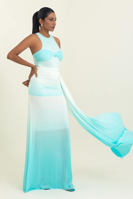 Pinup By Astha Blue Lycra Round Neck Side Drape Ombre Ruched Gown Online at Aza Fashions Pinup By Astha_Blue Lycra Round Neck Side Drape Ombre Ruched Gown _Online_at_Aza_Fashions