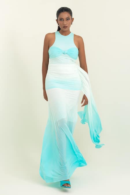 Shop Pinup By Astha Blue Lycra Round Neck Side Drape Ombre Ruched Gown Online at Aza Fashions Shop_Pinup By Astha_Blue Lycra Round Neck Side Drape Ombre Ruched Gown _Online_at_Aza_Fashions